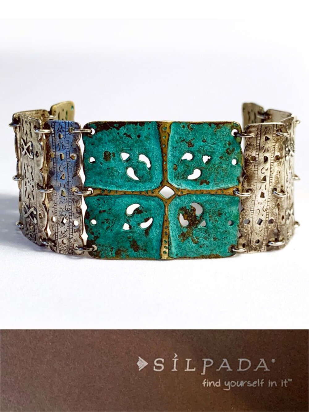 Retired Silpada B2832 Artifact Bracelet 925 Sterling Silver & Patina Brass Box